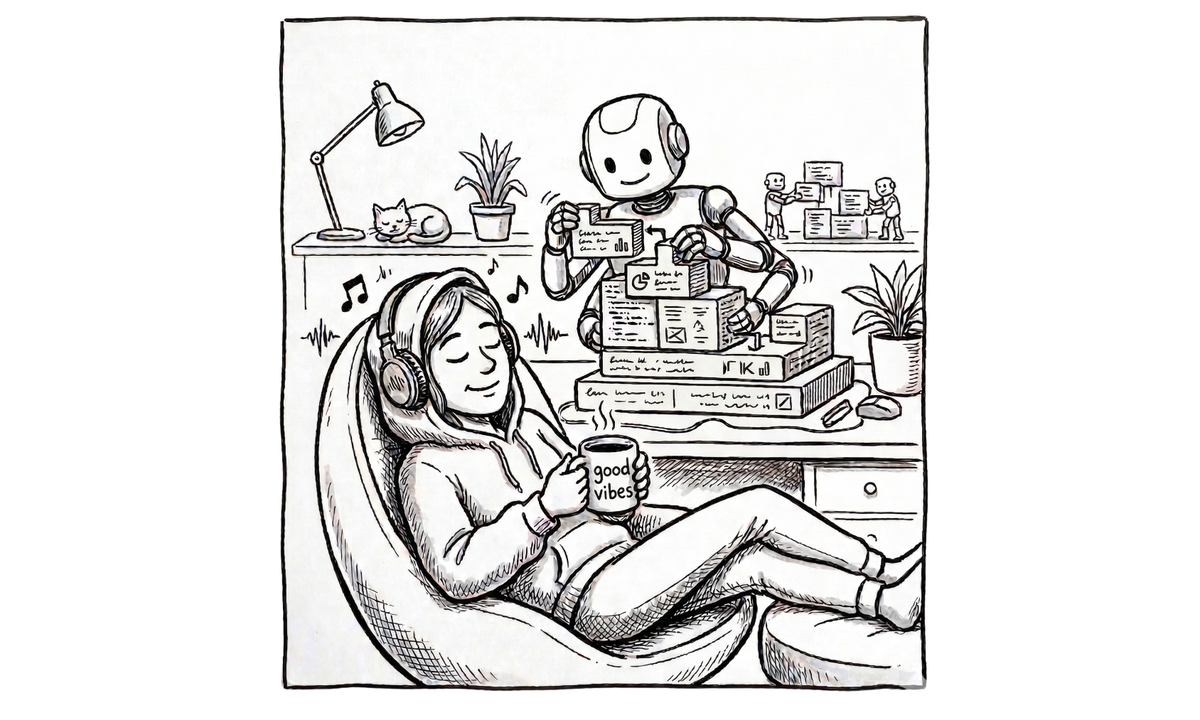 Line drawing of a person reading with AI tools nearby