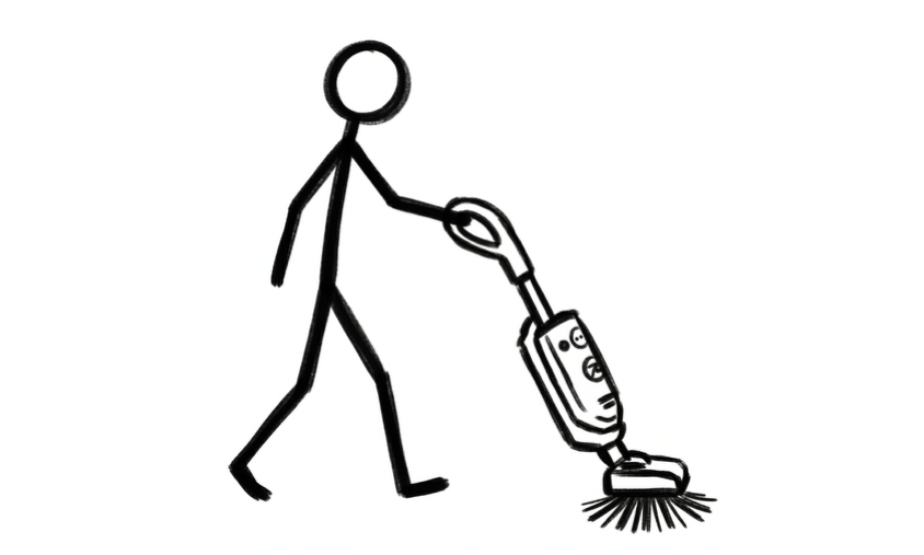 Line drawing of a person walking with a robot vacuum